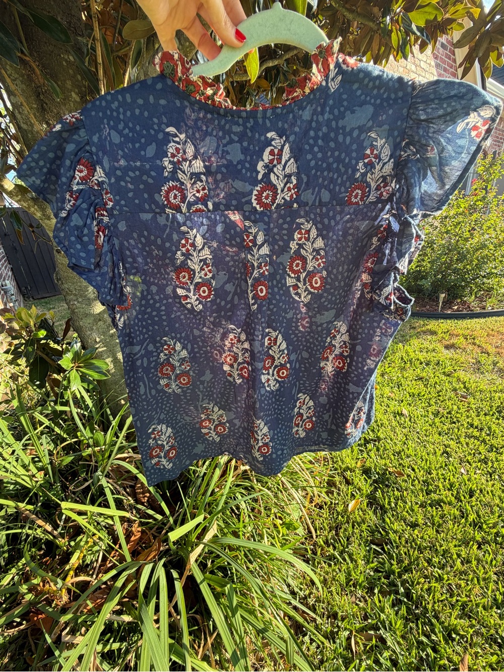 THML Blue Floral 100% Cotton Boho Ruffle Sleeve Blouse Top M - Picture 10 of 16